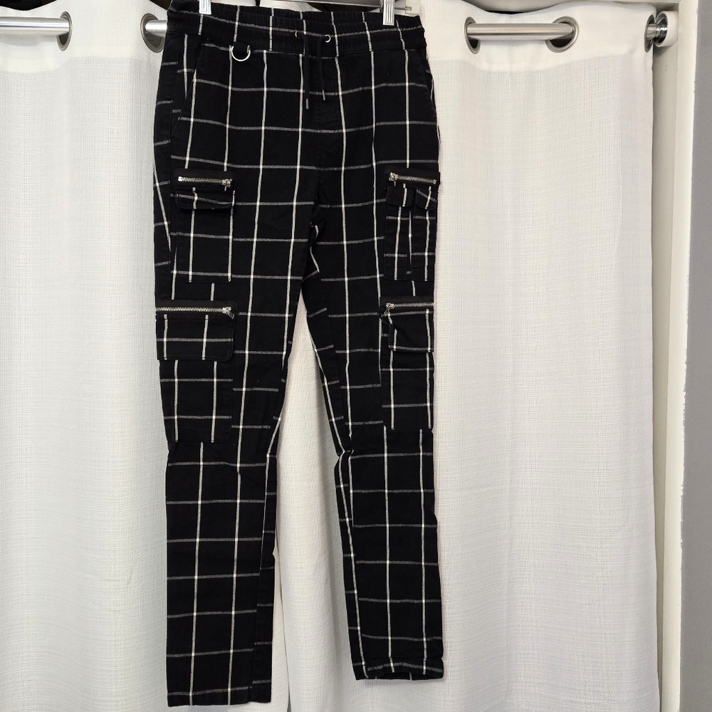 Hot Topic Grid Cargo Pants Skinny Leg Multi Pocket Pull On Casual